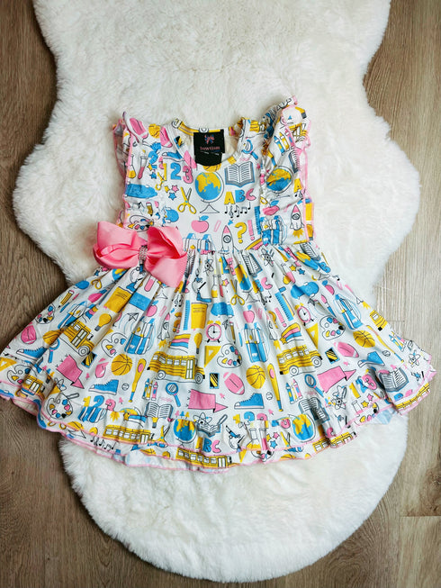 Bowtism Girls Smart Girl School Bus Ruffled Dress with Matching Bow - Bowtism